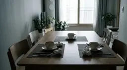 세 자리가 차려진 식탁에서 두 자리의 잔만 쓴 흔적이 있고 한 자리는 그대로다