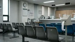 아직 아무도 오지 않은 민원실 대기석과 번호표가 길게 늘어진 발권기