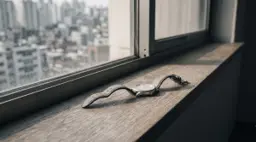 아파트가 내려다보이는 창턱에 손목시계가 끈을 늘어뜨린 채 놓여 있다
