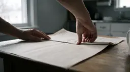 식탁에 펼쳐 놓은 서류를 두 손이 반으로 접고 있다