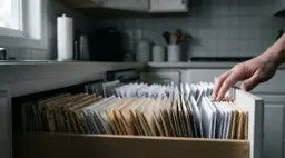 주방 서랍을 열자 고지서 봉투가 세로로 빼곡히 꽂혀 있고 앞쪽은 누렇게 바랬다