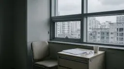 흐린 날 병실 창가, 협탁에 서류와 안경과 종이컵이 놓이고 의자는 비어 있다