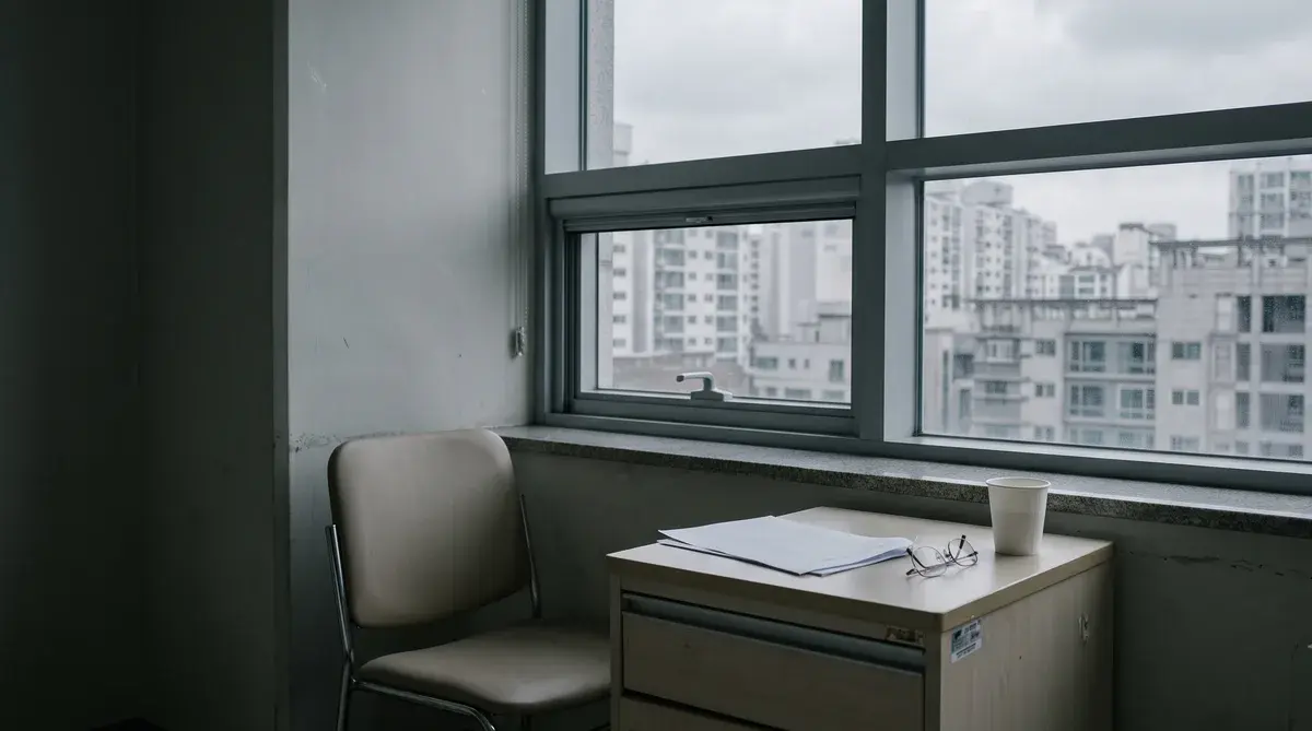 흐린 날 병실 창가, 협탁에 서류와 안경과 종이컵이 놓이고 의자는 비어 있다