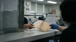 병원 원무과 창구에서 서류 봉투를 건네는 손과 받는 손이 마주 닿아 있다