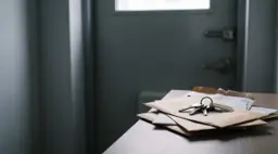 현관 신발장 위에 우편물 몇 통이 흩어져 놓이고 그 위에 열쇠 꾸러미가 있다